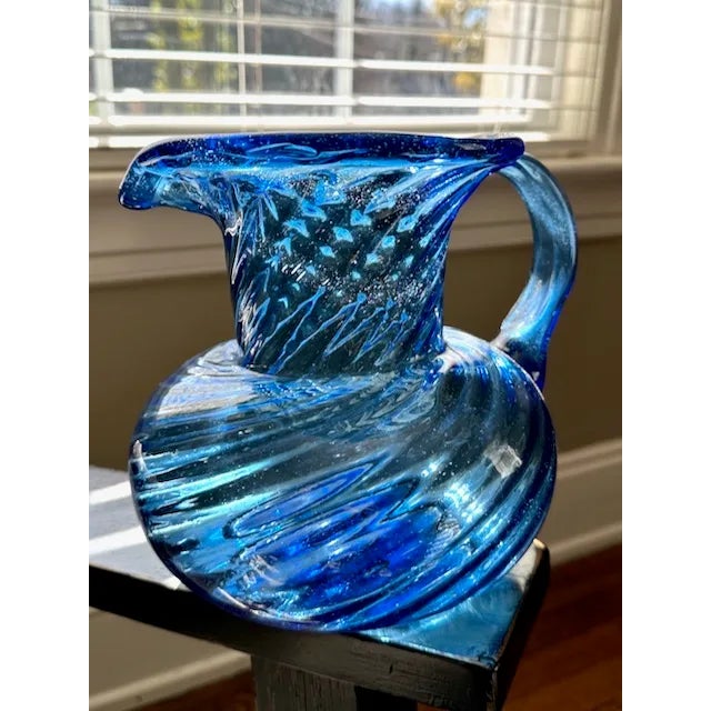 Large Vintage Blue Swirl Glass Pitcher For Sale In Charlotte - Image 6 of 8