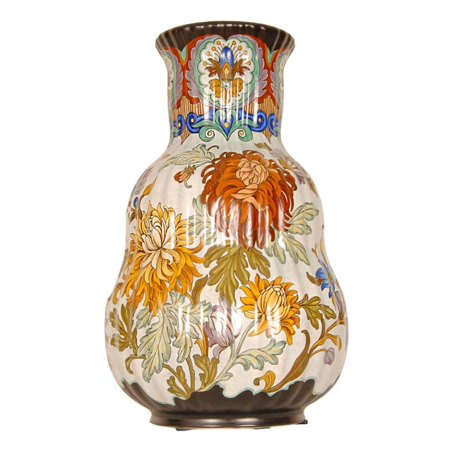 Art Deco Hand-Painted Delft Tal Gourd Vase Floor Vase from Gouda Pottery, 1940s For Sale