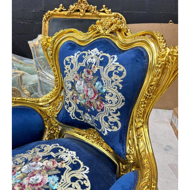 1990s Blue Bergère Wing Chair – French Style Armchair With Gold Leaf Details For Sale In Miami - Image 6 of 8
