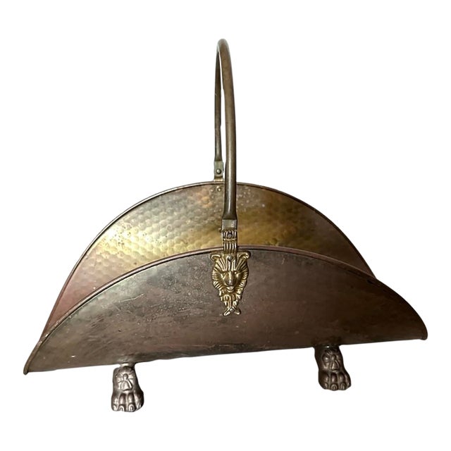 Vintage Mid 20th Century Hammered Brass Fireplace Log Holder With Lion Faces & Paws For Sale