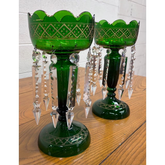 Emerald Antique C 1880-1900 Victorian Bohemian Emerald Green Glass Mantle Lustres - Pair For Sale - Image 8 of 14
