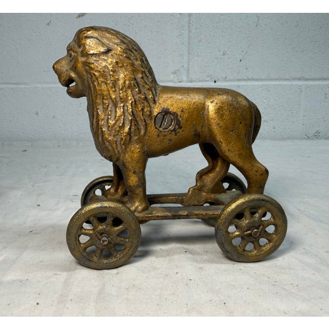 Figurative Antique Early 1920s Ac Williams Hand Painted Cast Iron Lion Still Bank on Wheels For Sale - Image 3 of 11