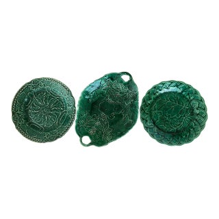 Antique English Green Majolica Bread Basket and Wall Plates- Set of 3 For Sale