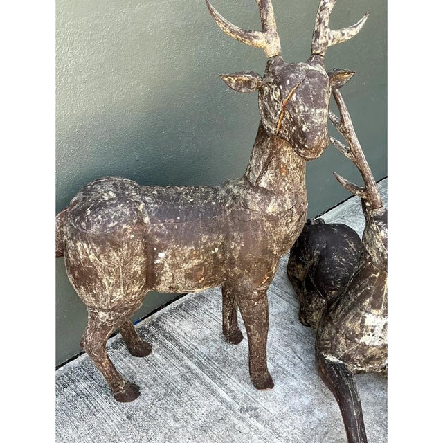 Vintage Carved Wood Deer Sculptures - Pair For Sale - Image 11 of 12