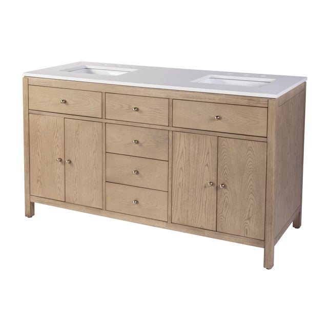 Traditional Nora 60 in. W Quartz and Wood Double Sink 4 Drawer Bathroom Vanity Set, Light Oak For Sale - Image 3 of 11