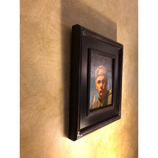 Camouflaged by Shawn Sullivan | Oil on Panel Portrait of a man in camouflage with birds. For Sale - Image 4 of 4