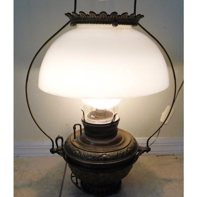 Antique C1887 Bradley & Hubbard Milk Glass Cast Iron Hanging Lantern Electrified Lamp For Sale - Image 14 of 15