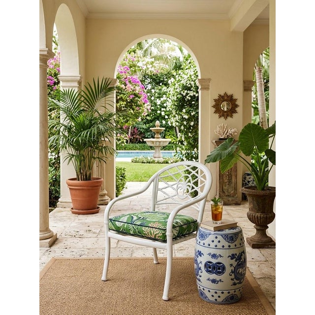 Vintage Hollywood Regency White Aluminum Palm Tree & Faux Bamboo Armchair For Sale - Image 11 of 12