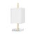 A square shade floats above a square white marble base. The squared-off aged brass or polished nickel arm appears to...