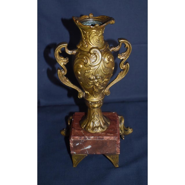 Antique French Rococo Metal Urn Vase Marble Base Mantle Garniture 19th C For Sale - Image 11 of 17
