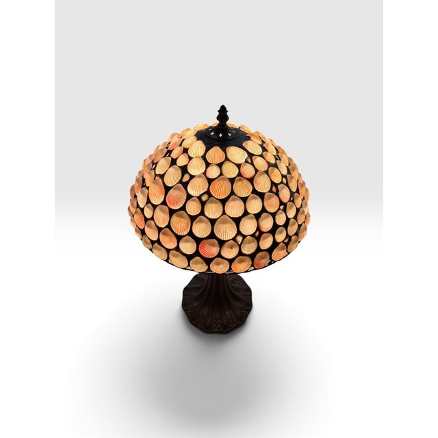 Vintage Richard Hoosin Style Leaded Seashell Table Lamp With Art Nouveau Bronze-Finish Base - Signed For Sale - Image 4 of 11
