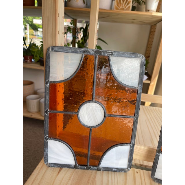 Glass Pair of Vintage Amber and White Stained Glass Window Panels For Sale - Image 7 of 10