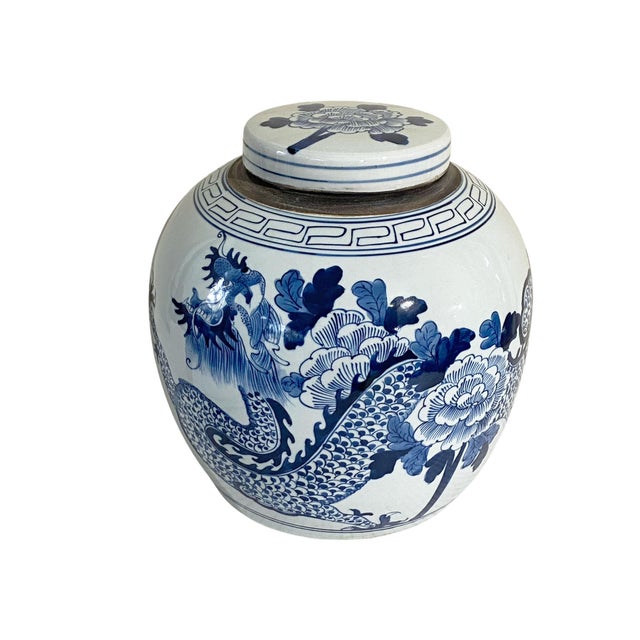 Chinoiserie Chinoiserie Blue &White Porcelain Dragon Ginger Jar 12" H For Sale - Image 3 of 9