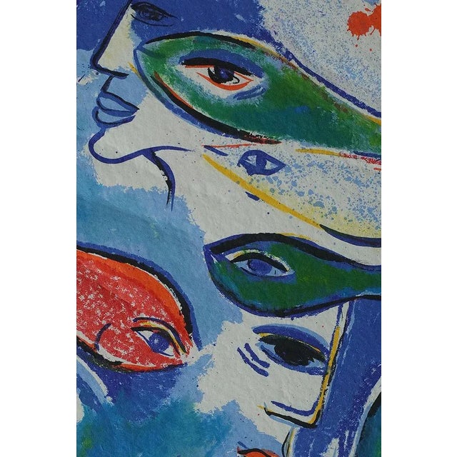 Mid-Century Modern Dagmar Glemme, Composition with Fish and Faces, Color Lithograph, Framed For Sale - Image 3 of 6