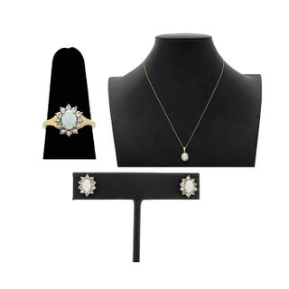 Modernist Opal and Tanzanite 14k Yellow Gold Jewelry Set, 3 For Sale
