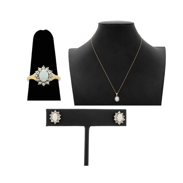 Modernist Opal and Tanzanite 14k Yellow Gold Jewelry Set, 3 For Sale
