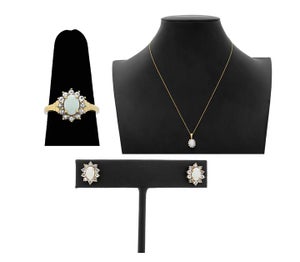 Modernist Opal and Tanzanite 14k Yellow Gold Jewelry Set, 3