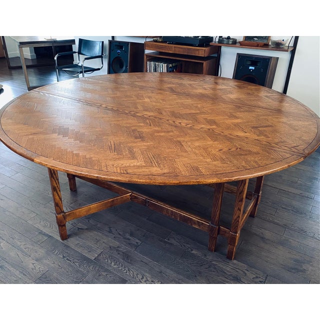 Vintage Large Oak Parquet Top Drop Leaf Dining Table For Sale - Image 4 of 12