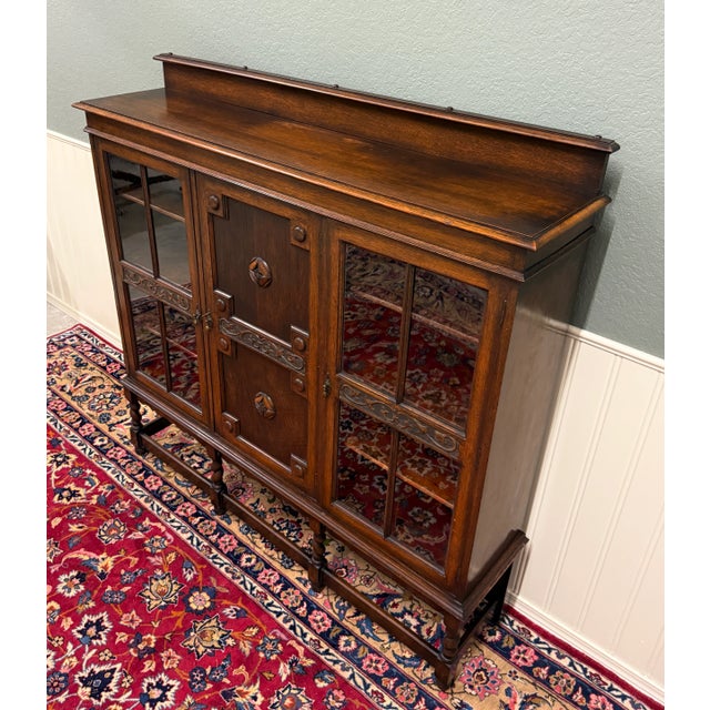 Antique English Jacobean Bookcase Bookshelf Cabinet Barley Twist Wavy Glass Oak For Sale - Image 17 of 18