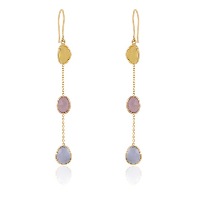 4.25ct Uneven Cut Multi Sapphire 14k Gold Dangle Earrings for Her- 2 Pieces For Sale