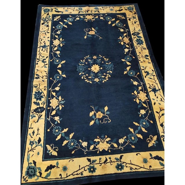 Navy Blue 1930s Floral Inlay Antique Open Field Medallion Small Navy Chinese Peking Rug For Sale - Image 8 of 9