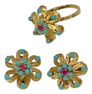 4 Ct Natural Turquoise & Ruby 18 Kt Yellow Gold Flower Ring & Earring Set 20Gm