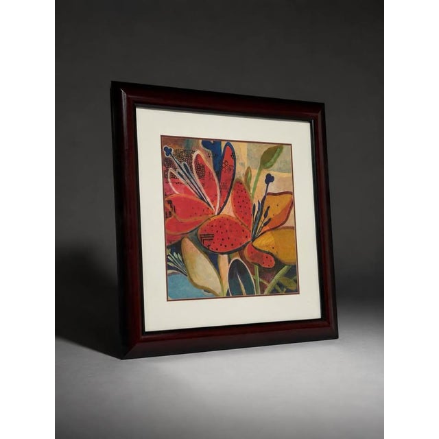 Bold colorful floral abstract artwork featuring bright red, orange, yellow, green, blue, and cream tones. The piece has a...