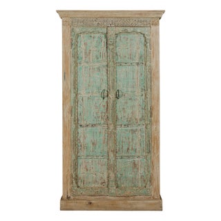 Reclaimed Wood Almirah Armoire with Weathered Green Patina and Three Shelves For Sale
