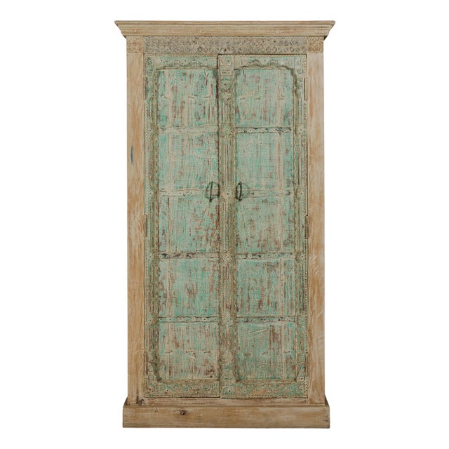 Reclaimed Wood Almirah Armoire with Weathered Green Patina and Three Shelves For Sale