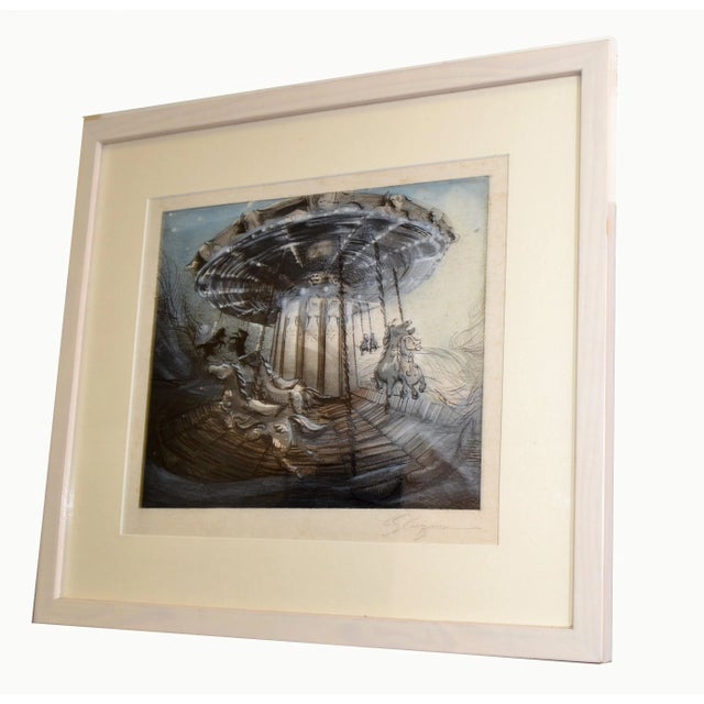 Signed and Framed Pencil Painting on Canvas depicting a French Antique Carousel, Merry Go Round, Montmartre Carousel in...