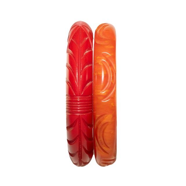 Plastic Vintage Carved Bakelite Bangle Bracelets in Red and Orange, 1930's, Pair Of For Sale - Image 7 of 17