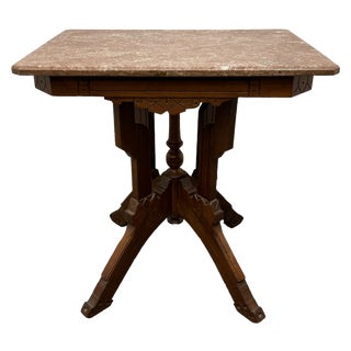 Vintage Traditional Eastlake Style Walnut Italian Travertine Marble Top Side Table For Sale