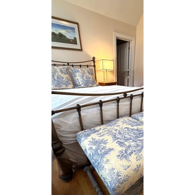 French A Pair of Custom Butter Yellow and Blue Toile Pillow Shams For Sale - Image 3 of 10