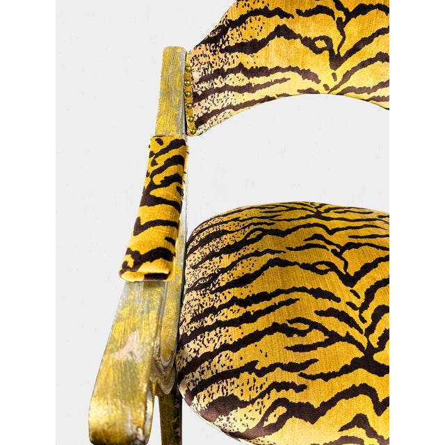 Vintage Curule Style Chair Pair Newly Upholstered Silk Tiger Velvet For Sale - Image 11 of 15