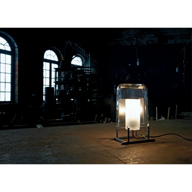 Lamp shade only for clear mouth blown Murano glass table lamp. Anthracite painted iron and natural brass designed in 1984...