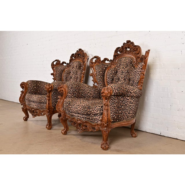 Baroque Italian Baroque Ornate Carved Walnut Throne Chairs or Lounge Chairs With Leopard Print Upholstery For Sale - Image 3 of 12