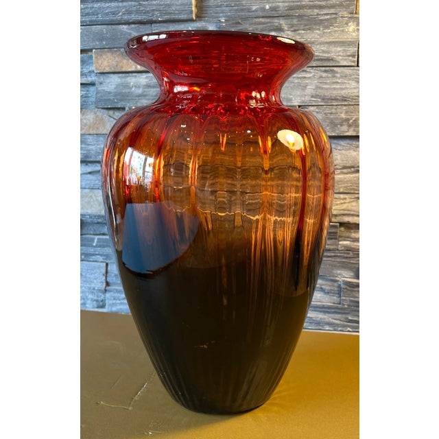 Lart Fluted Art Glass Vase Brown Orange Red Ombre For Sale - Image 10 of 12