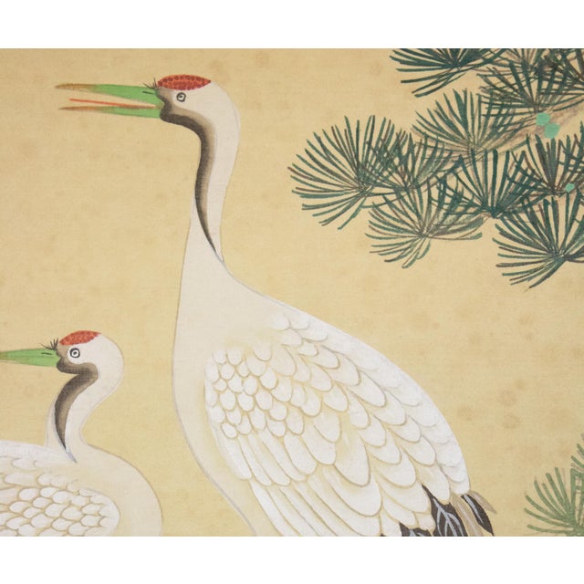 "Cranes and the Big Pine Tree", Showa Era Japanese Silk Scroll Painting For Sale - Image 11 of 17