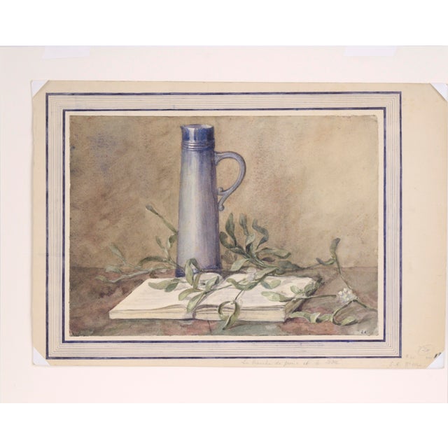Serene and delicate still life by unknown artist "S. A." (likely French). A blue pitcher stands proud above an open book,...