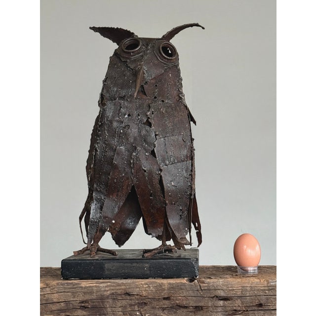 Vintage Brutalist Mid-Century Torch Cut Metal Owl Sculpture For Sale - Image 4 of 9