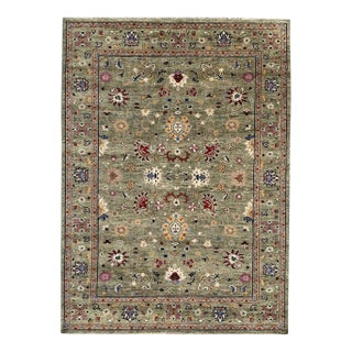 8x10 Light Green Floral Oushak Style Hand-Knotted Wool Rug For Sale