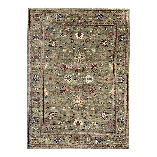 8x10 Light Green Floral Oushak Style Hand-Knotted Wool Rug For Sale