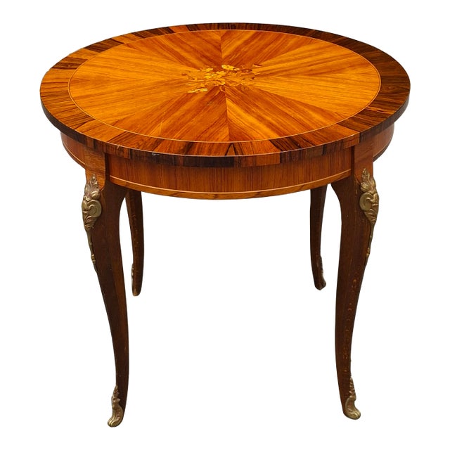 Louis XV Style Gilt Floral Marquetry Tulipwood and Kingwood Gueridon Table For Sale
