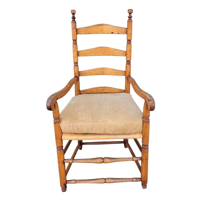 18Thc Pine Ladder Back Chair W/ Leather Seat Cushion For Sale