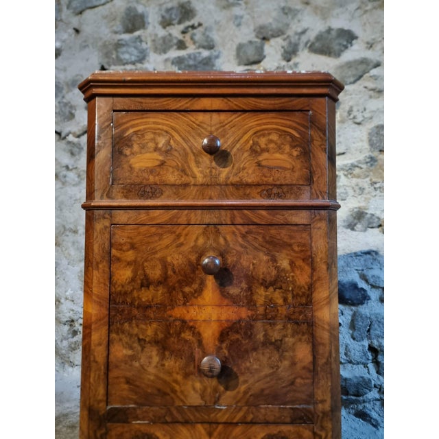 Wood French Bedside Cabinet with Burr Walnut Veneer and Marble Top, 1900s For Sale - Image 7 of 17