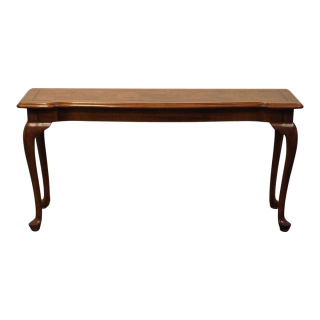 Ethan Allen Collectors Classics Traditional Style 56" Solid Pecan Accent Sofa Table W. Olive Ash Burl Veneer Top 13-9607 For Sale