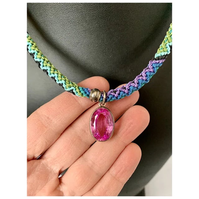 Sterling and Pink Stone Macrame Necklace For Sale - Image 4 of 12