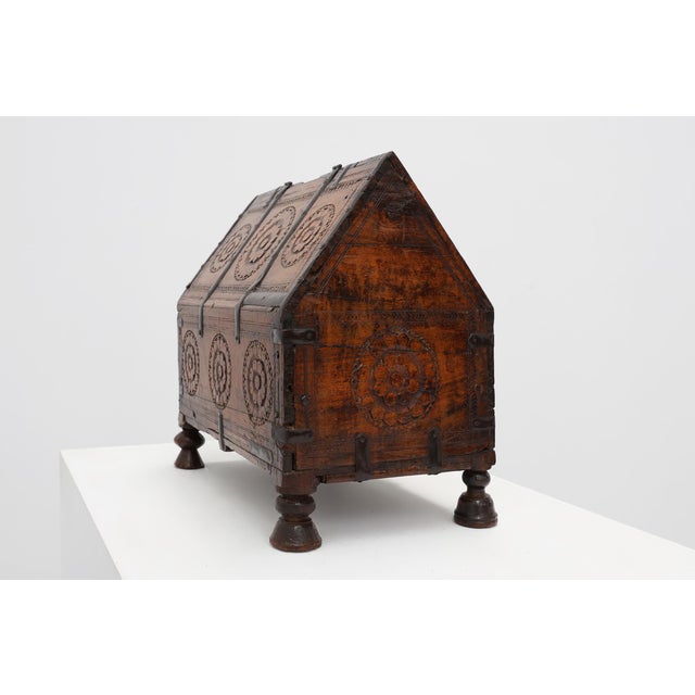 18th Century 18th Century Carved Wooden Coffer with Slanted Lid and Iron Mounts, France For Sale - Image 5 of 14