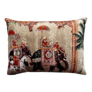 Indian Chinoiserie Silk Velvet Pillow - the Royal Ride in Tan For Sale