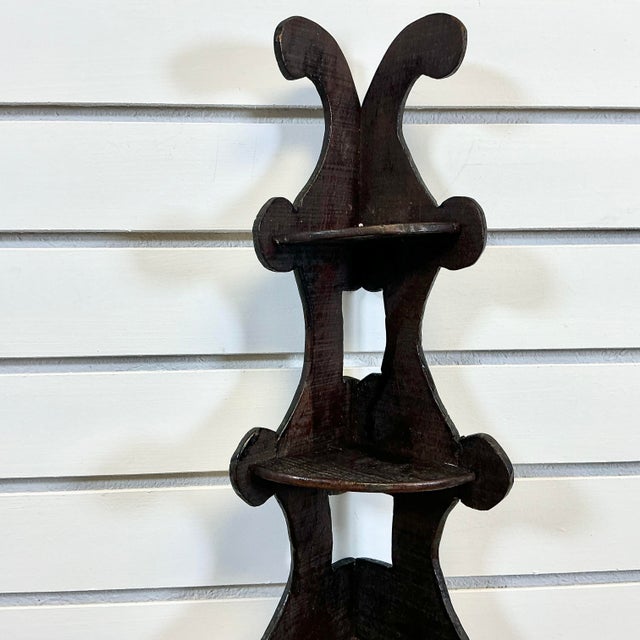 Wood 1942 Vintage Americana Folk Art Boho Chic Corner Wall Mounted Shelf, 3-Tier For Sale - Image 7 of 12